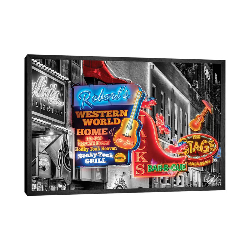 Nashville Broadway Neon by Susanne Kremer - Print on Canvas, 101.6 cm H x 66.04 cm W, Black Framed