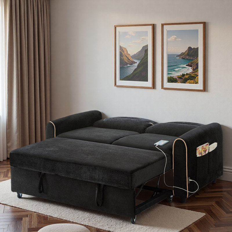Convertible Pull Out Sofa Bed With Adjustable 3-position Backrest, 4 Side Pockets, Charging Ports And Elegant Gold Stitching