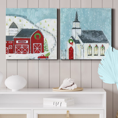Christmas Barn - 2 Piece Wrapped Canvas Painting Print Set