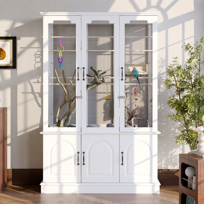 Large White Floor Standing Bird Cage With DIY Grid Panels & Bottom Storage Cabinet