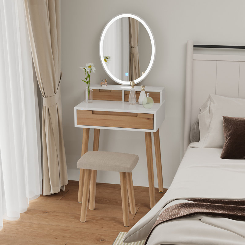 Barther Vanity Table Set with Adjustable Brightness Mirror and Cushioned Stool, Natural/White/Beige