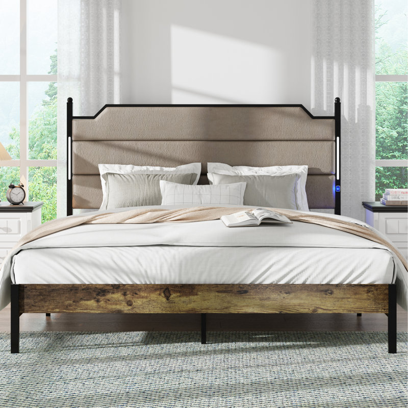 King Size Bed Frame With Upholstered Headboard, Ports, Smart Led Lights, Wood Slats, No Box Spring Needed, Modern Design Charging Feature, Adjustable Solid Slat, Required