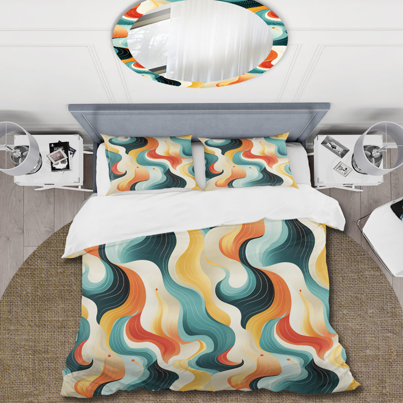 Retro Waves Lines - Ensemble de housse de couette Mid-Century - Microfibre de polyester
