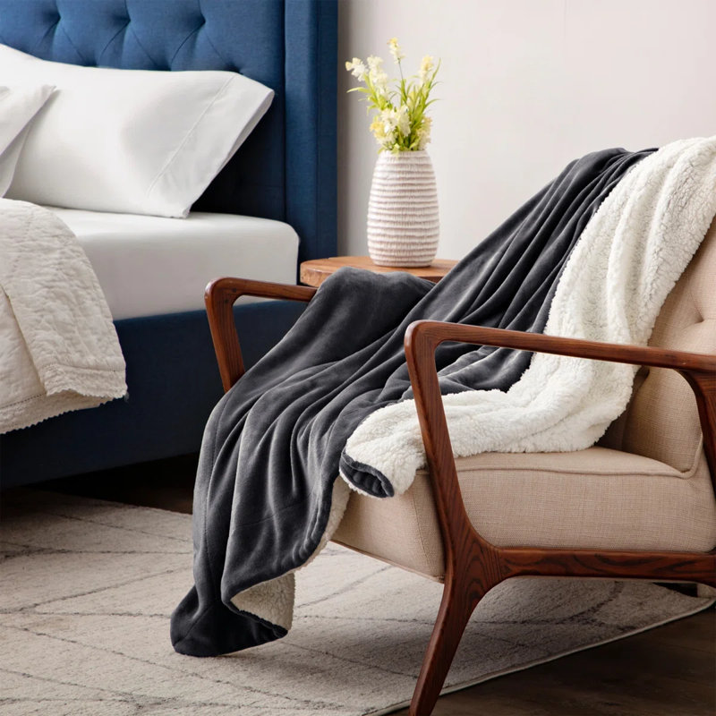Reversible Soft Sherpa Fleece Fur Thick Dual Sided Blanket Throw, 150cm x 200cm, Grey