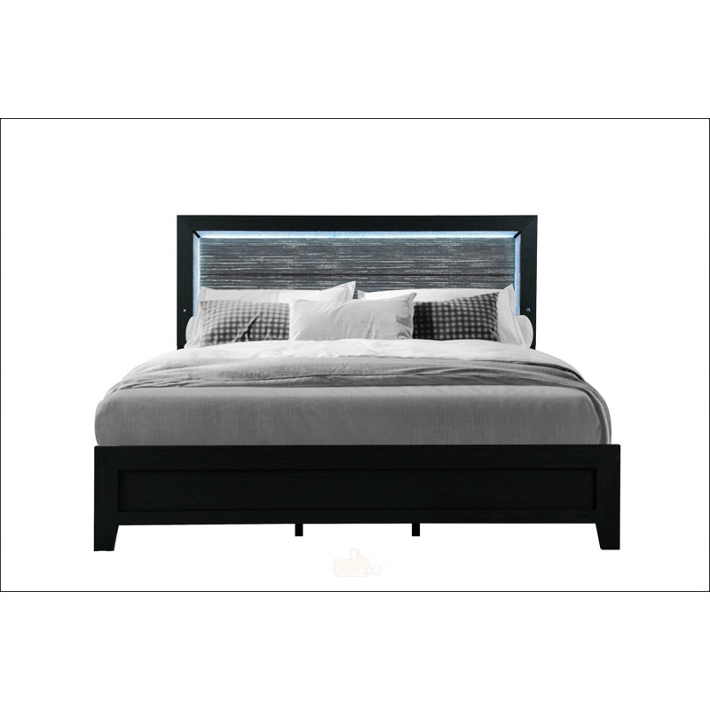 Grand lit noir avec DEL, Bois massif / bois manufacturé, Noir, Grand lit