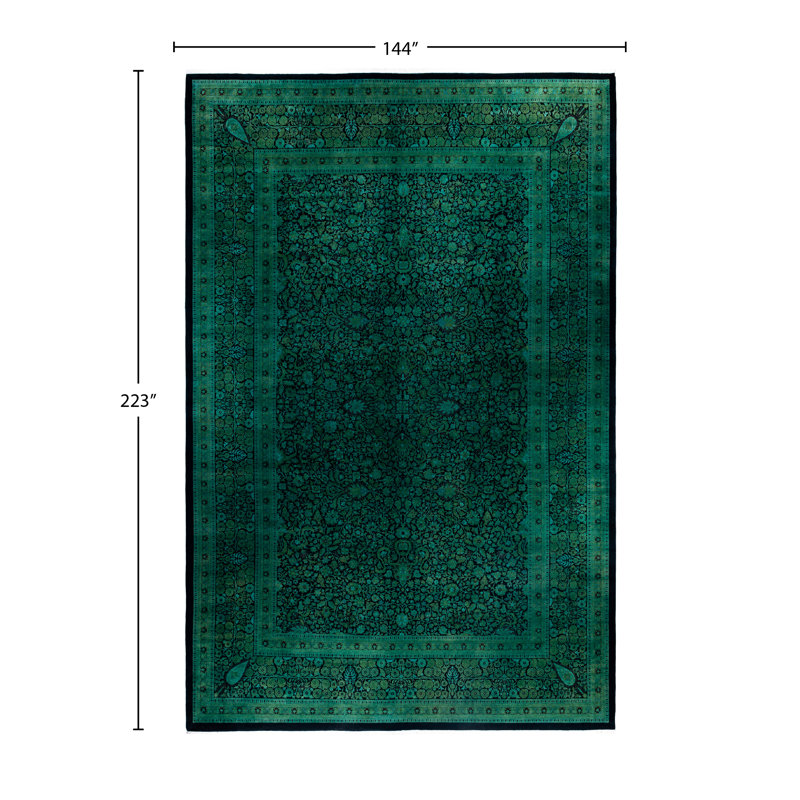 Tapis unique noué à la main Rachal - vert, 12 pi 0 po x 18 pi 7 po