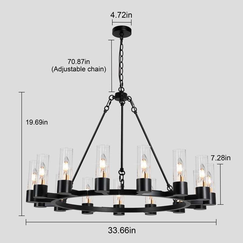 15- Light 33.66" Wagon Wheel Chandelier Black Farmhouse Chandelier For Living Room