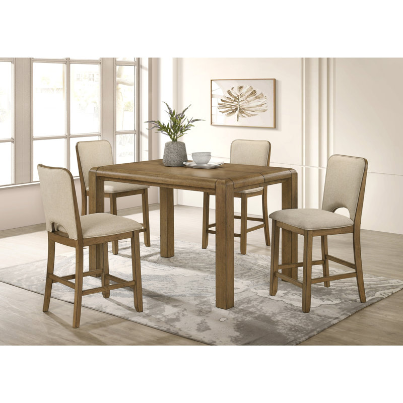 Ensemble de salle à manger 5 pièces avec table haute extensible de 45 cm, plateau rectangulaire style planches, chaises rembourrées et capitonnées, mobilier de salon en bois