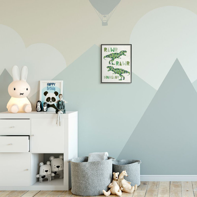 Art de conception de mots pour enfants rawr dinosaur Leone, H 11 po x l 14 po x P 1,5 po, Giclée encadrée noir minuit