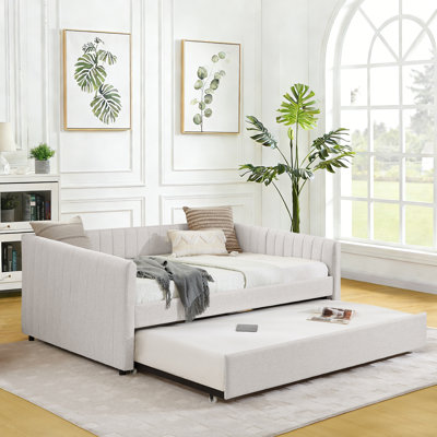 Full Daybed with Extendable Trundle, Modern Full Size Day Bed with Pull Out Trundle Bed, Upholstered Sofa Bed, Linen Furniture for Bedroom Living Room Guest Room, No Box Spring Needed