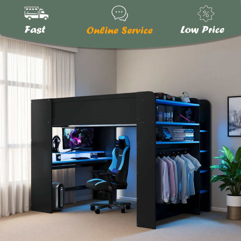 Full Size Wood Bunk Bed With Height-Adjustable Desk,Wardrobe,Ample Storage Space,And RGB Light, Blue
