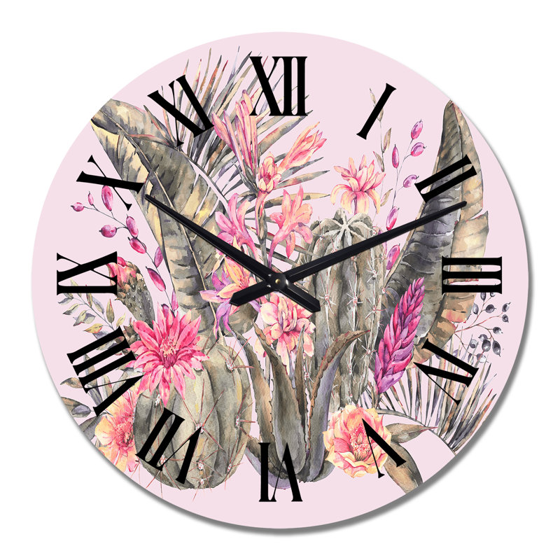 Horloge murale tropicale avec cactus en fleurs et fleurs roses, Moyen