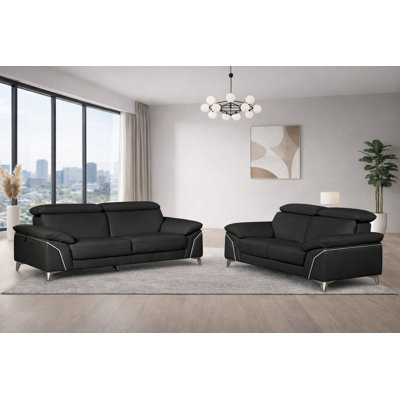 Ensemble de canapé noir en cuir véritable 2 pièces avec appuis-tête réglables