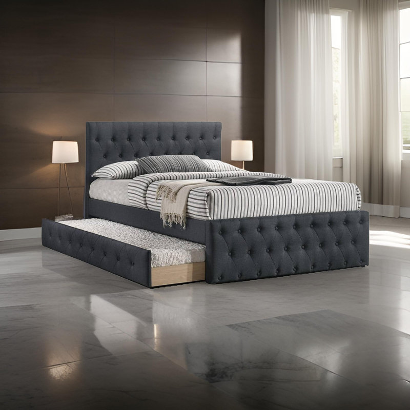 Lit plateforme tapissier rembourré, Double, Gris charbon