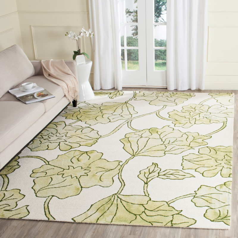 Tapis floral en laine / coton touffeté à la main Coleman - ivoire / vert clair, Rond 7 pi