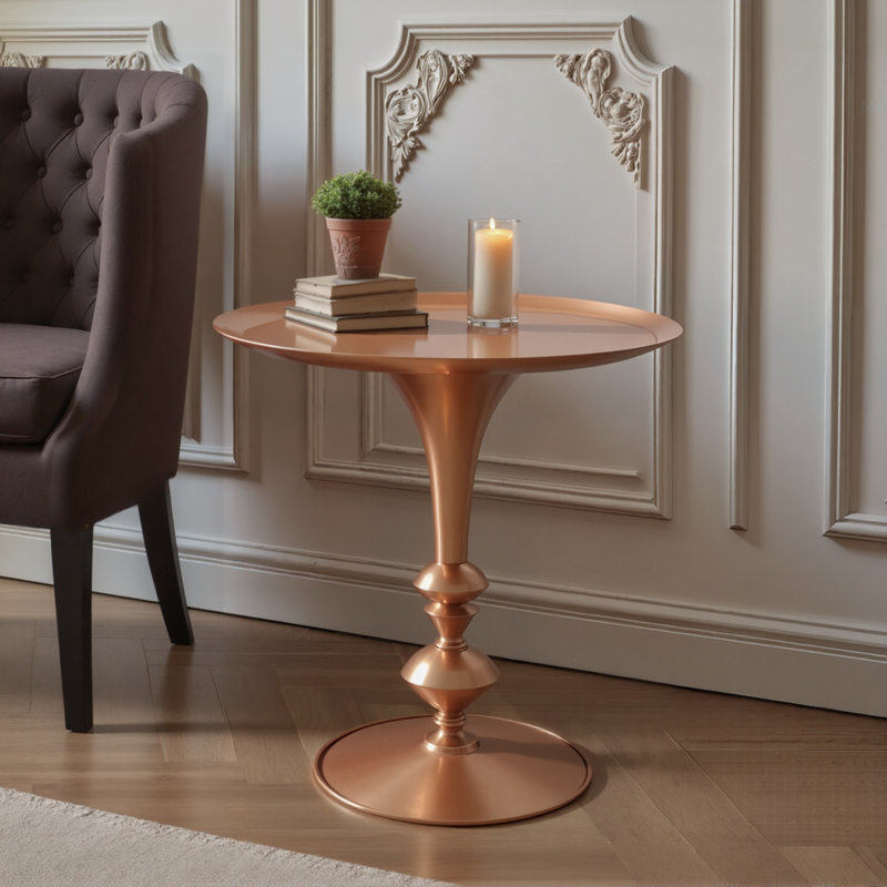 Petite petite table de bout ronde dorée, hauteur 29,3 po, décor métallique rétro