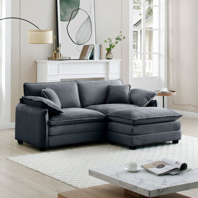Sofa Couch Two-Seater Sofa  With One Footrest, L-Shaped 2-Seater Sofa With Ottoman For Small Living Spaces,Grey Corduroy
