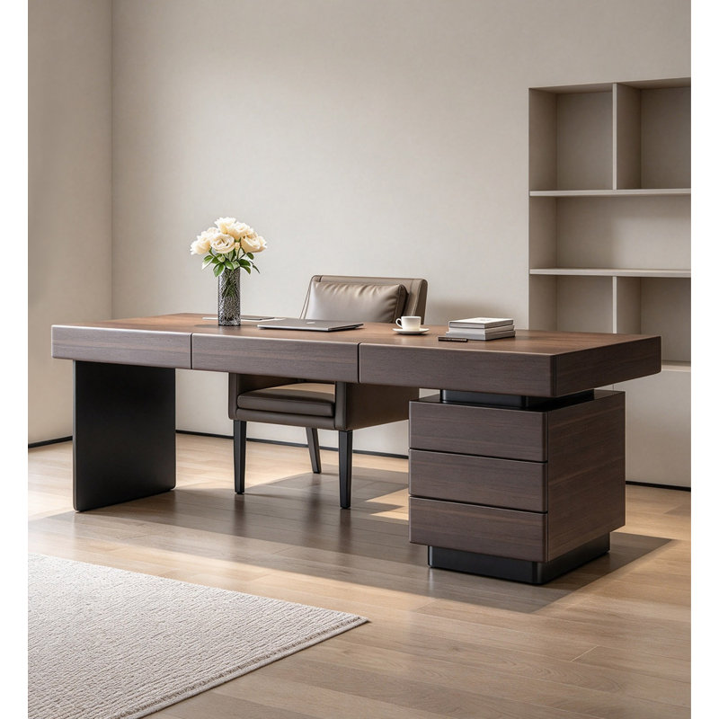 Bureau de direction minimaliste italien haut de gamme en placage de bois fumé avec multiprise dissimulée et armoire de rangement pour salle d'étude