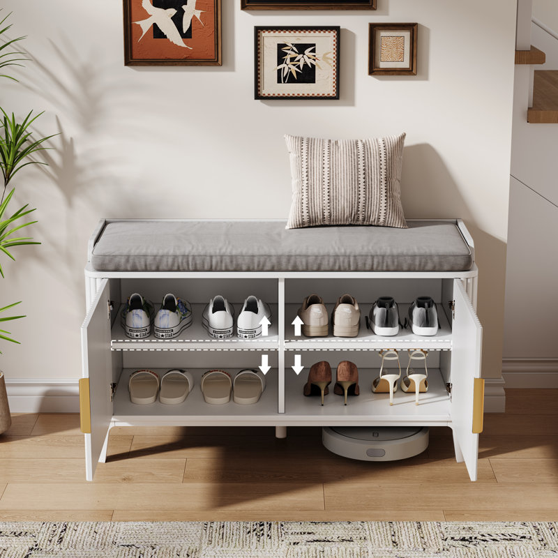 Rangement cannelé pour chaussures 39,4 "avec banc, banc d'entrée à 2 niveaux avec tablettes réglables et siège rembourré amovible