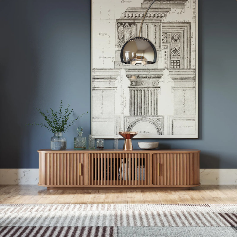 Meuble télé Mid-Century moderne à porte tambour, entièrement assemblé, Brun, H 16,54 po x L 70,87 po x l 15,75 po