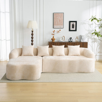 Canapé modulaire en L à compression complète avec méridienne incurvée, canapé modulaire en chenille beige, haute densité pour le salon en appartement