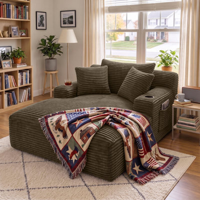 67" Oversized Cloud Corduroy Sleeper Sofa With Side Book Pocket And Armrest Cup Holder