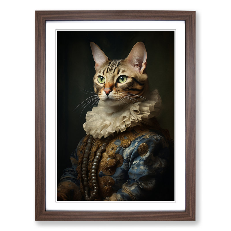Bengal Cat Rococo Art - Framed Print, 64cm H x 46cm W x 2cm D, Walnut Framed