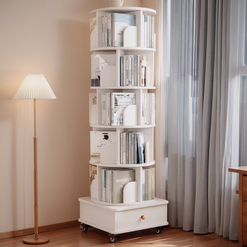 Bibliothèque pivotante à 360 degrés à 5 niveaux sur roulettes - Organisateur de coin étroit économiseur d'espace, bibliothèque en bois pour chambre / salon / bureau