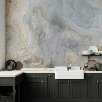 Papier peint effet marbre doux gris avec veines beiges