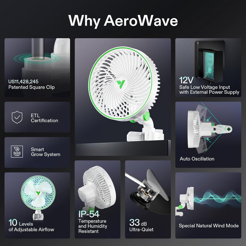 Ventilateur à pince oscillante 10 po VIVOSUN, Blanc / vert