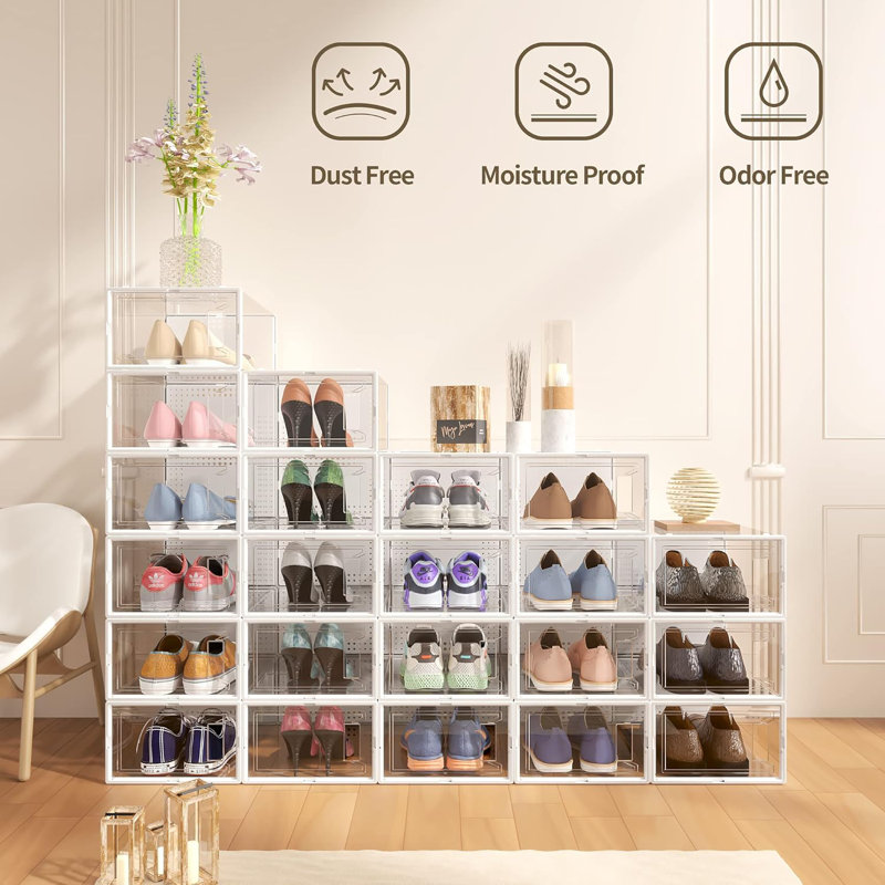 12 Pack Clear Plastic Stackable Shoe Organizer Boxes With Lids, Modular Space-Saving Shoe Storage Containers For Closet, Wardrobe, And Entryway
