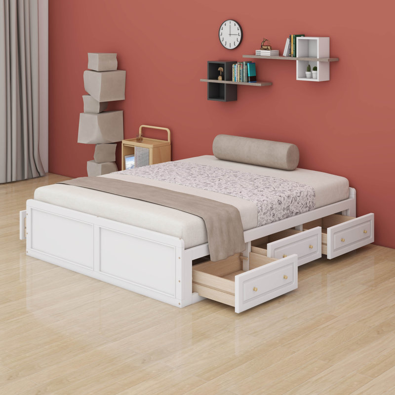 Lit plateforme grand format, base de lit en bois avec 6 tiroirs, Blanc