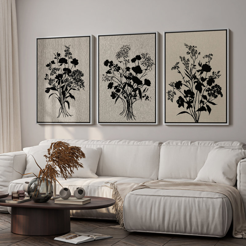 «Black Botanical Bouquet Silhouette Neutral Floral», art mural encadré 3 pièces, H 24 po x l 16 po, Blanc