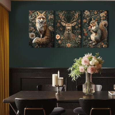 3Pcs Dark Forest Animal Canva Wall Art Vintage Fox Deer Squirrel Painting Picture Wall Decor Victorian Gothic Botanical Flower Poster Print Artwork For Living Room Bedroom Home Decoration Framed