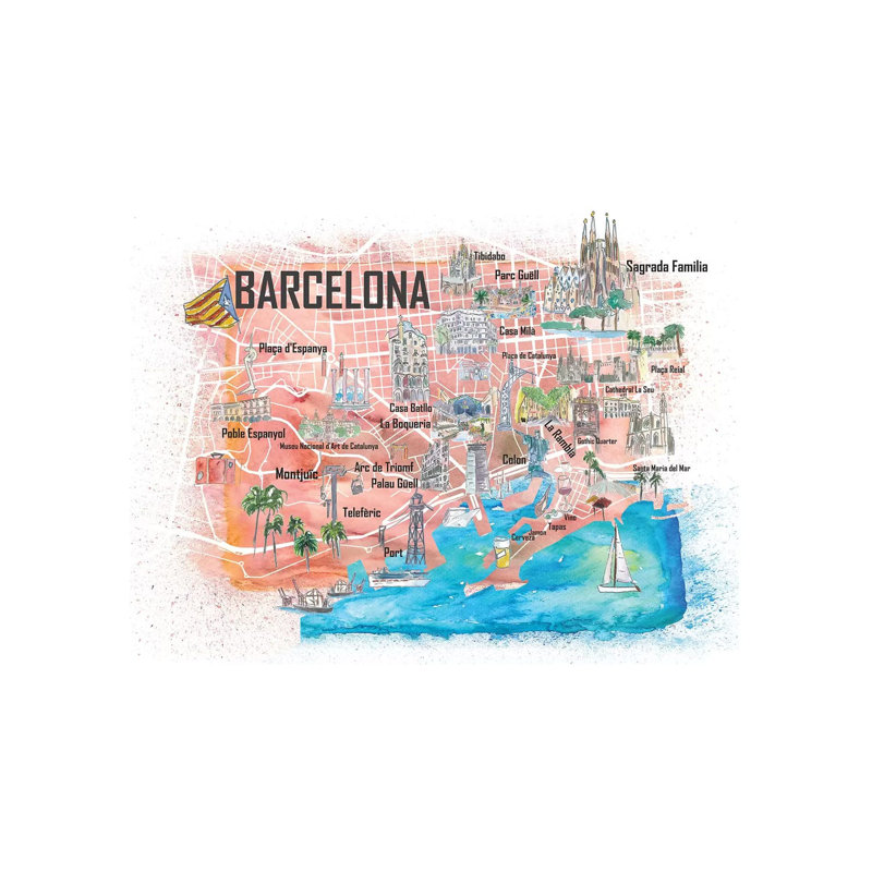 Barcelona Illustrated Travel Map With Main Roads, Landmarks And Highlights by Markus & Martina Bleichner - Wrapped Canvas Gallery-Wrapped Canvas Giclée