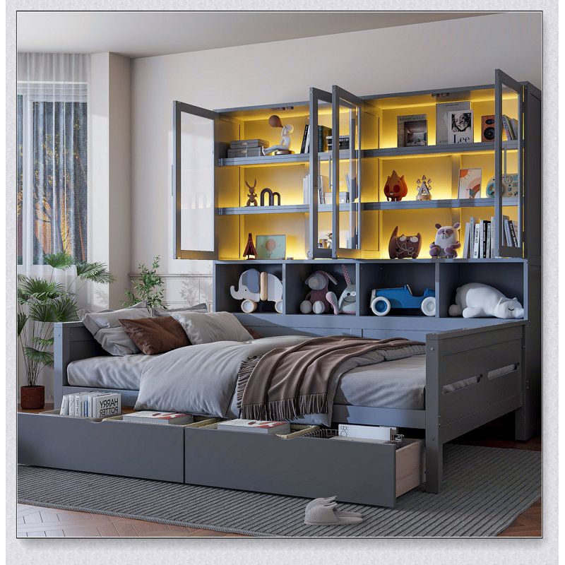 Lit de jour en bois avec armoires de rangement à porte vitrée, éclairage et tablettes à DEL intégrées, gris, Gris, Double