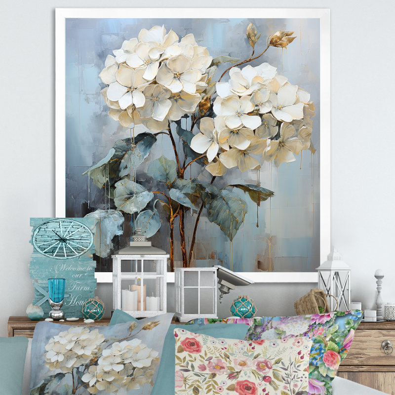 Hydrangées bleues dans des tons de gris sur toile, H 16 po x l 16 po x P 1 po, Cadre simple blanc
