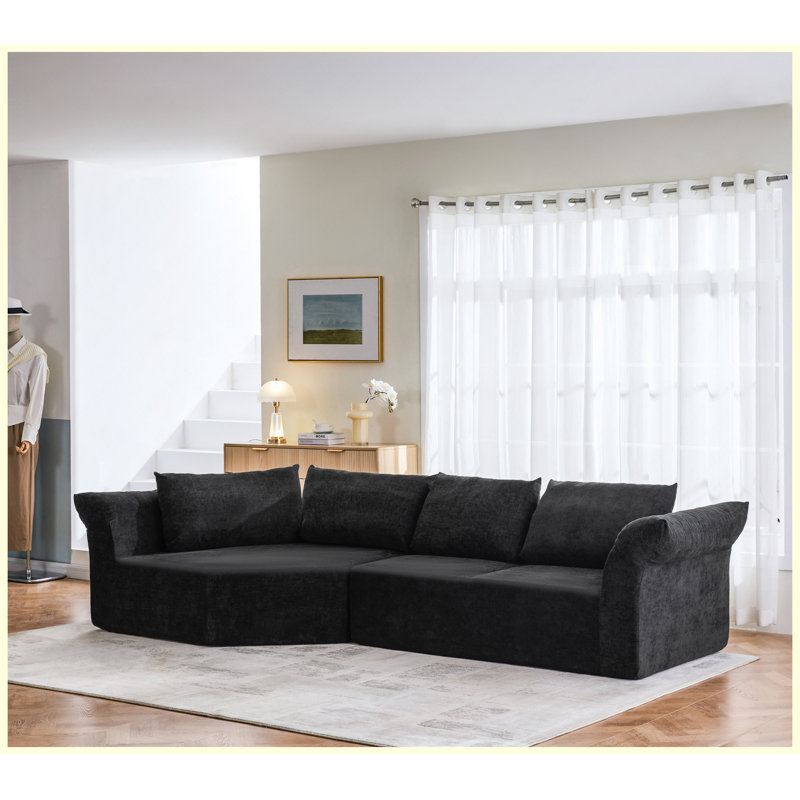 Canapé modulaire moderne avec accoudoir gauche, accoudoirs larges et coussins décoratifs, canapé d'angle courbé, noir, Noir