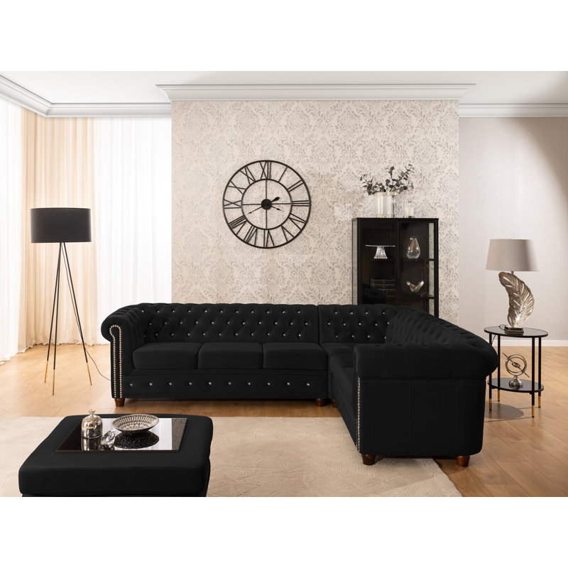Chesterfield Corner Sofa L-Shape Cleo Blink in Velvet with Crystal Tufting, Right-Hand Facing, Black