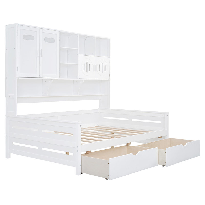 Full Size Wooden Daybed With 2 Drawers, All-In-One Cabinet And Shelf, White, Perfect For Storage And Space Efficiency, White