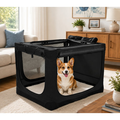 Black 30 x 21 x 21 Inch Soft-Sided Collapsible Dog Crate for Pets Up to 50 lbs – Travel-Friendly Portable Kennel with Four Zippered Doors, Foldable Design for Indoor/Outdoor Use, Mat and Carry Bag Included