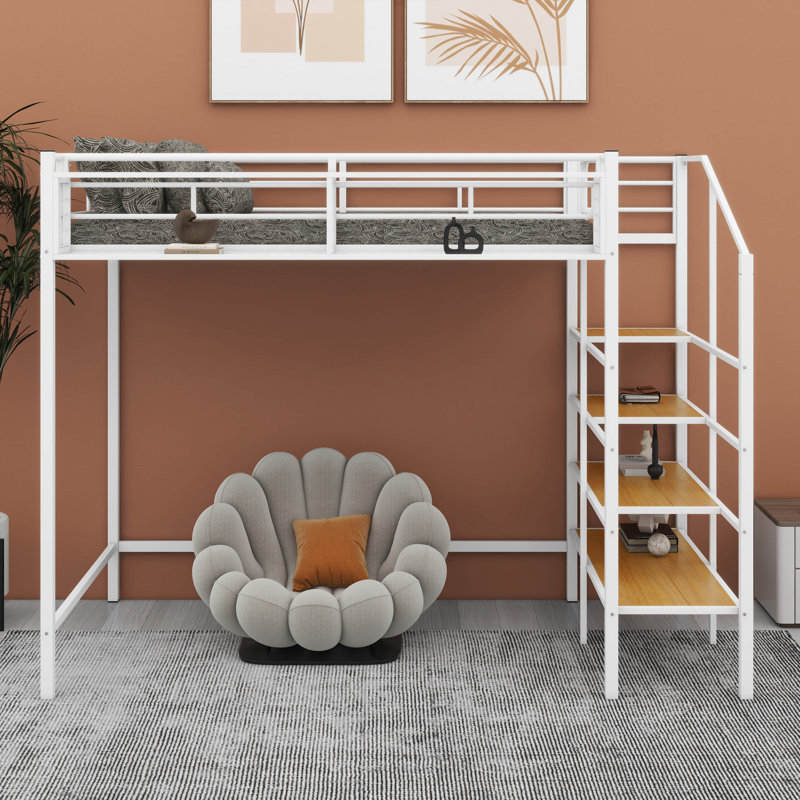 Twin Size Metal Loft Bed With Upper Grid Storage Shelf & Lateral Storage Ladder, White