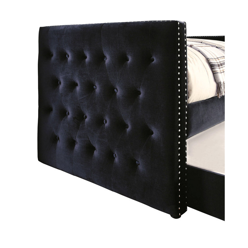 Transitional Style Daybed With Trundle Padded Button Tufted Upholstery Nailhead Trim Included Slat Kit Tuxedo Design Black Finish