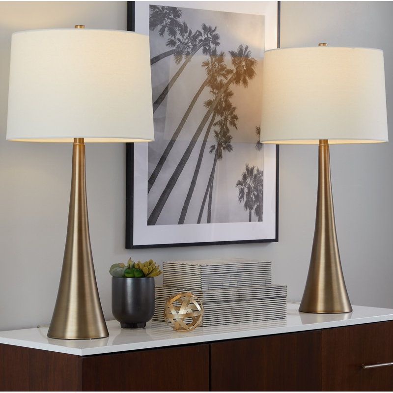 Calesha Metal Table Lamp, Matte Golden Bronze, Off-White Linen
