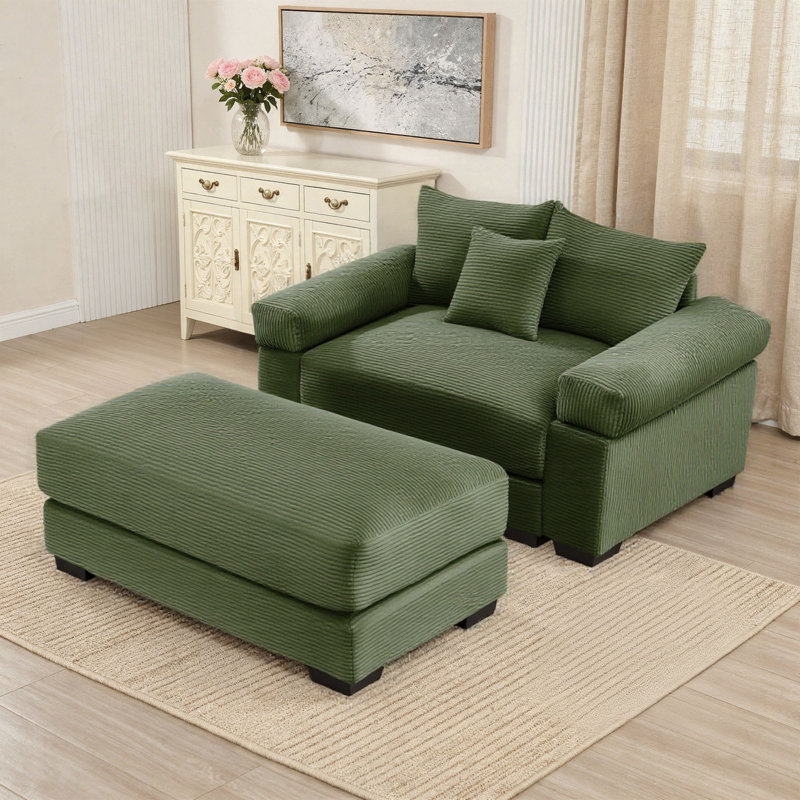 54" Cloud Sofa, Plush Corduroy with Extra-Wide Arms & Ottoman, Green