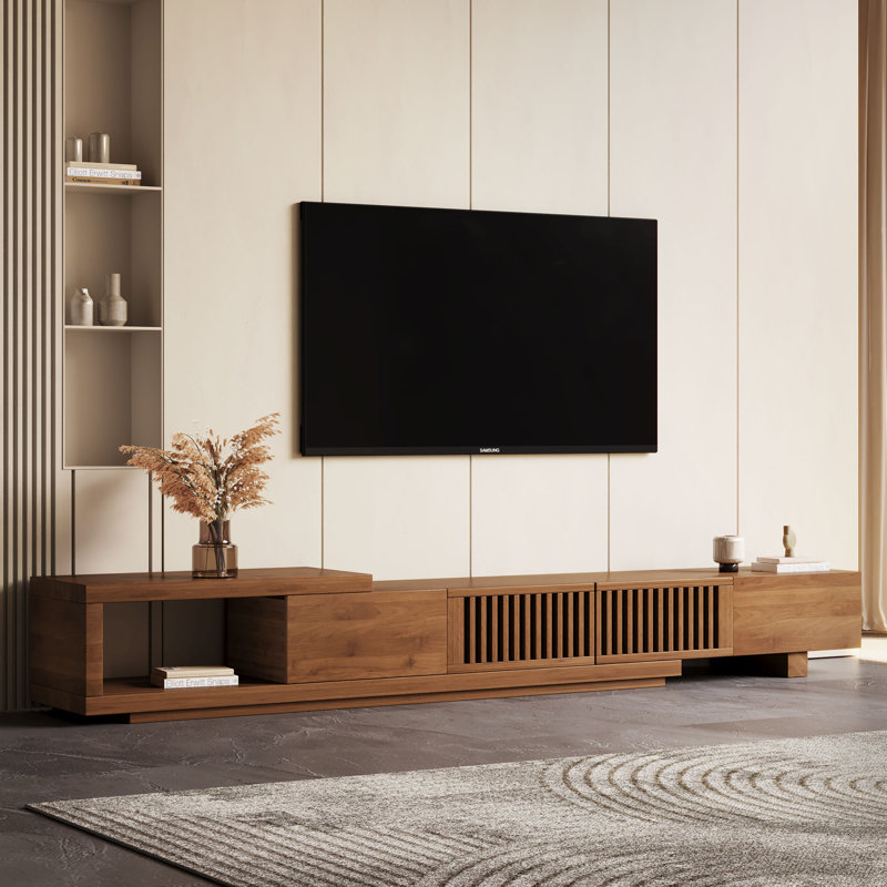 Expandable TV Stand Cabinet (2m-2.6m), Modern Slatted Walnut Finish, for 75-100 Inch TVs, Large Media Unit with Cable Ports & Ample Storage  for Living Room & Bedroom  Fast Dispatch From UK Warehouse — 2 Working Days Deliver within 2-4 working days.