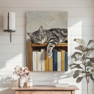 Library Tabby Cat Impasto Oil Canvas Wall Art, 24" x 36" Gallery Wrapped Canvas Print, Gray & Brown Cat Wall Decor for Living Room, Home Office & Library