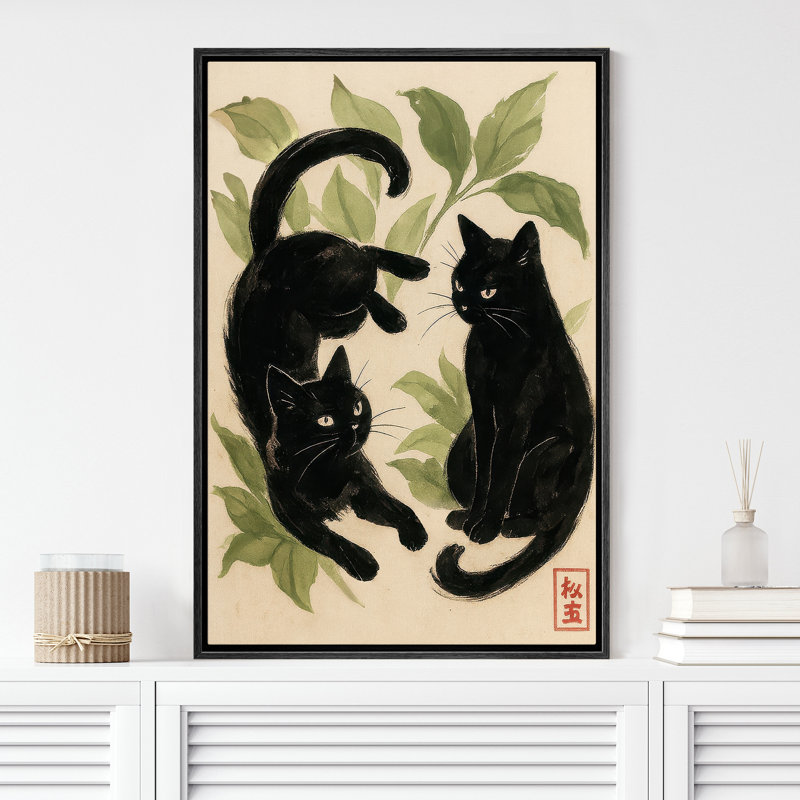 «Playful Black Cats with Green Leaves», reproduction d'art sur toile encadrée, H 36 po x l 24 po x P 1,5 po