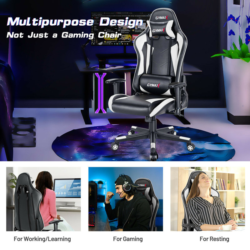 Fauteuil de jeu et de course inclinable ergonomique en similicuir Gymax, Blanc