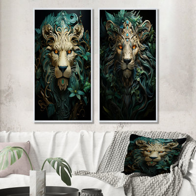 Lion Verdant Guardian - Lion Wall Art Prints Set Of 2